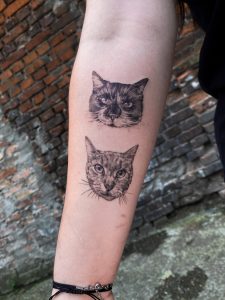 Tatuaż dwóch realistycznych portretów kotów na przedramieniu, odzwierciedlający popularność tatuaży zwierzęcych w 2024 roku